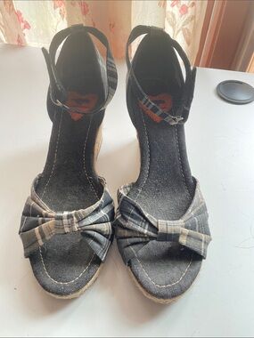 Plaid Bow Espadrille Wedge Sandals - Black
